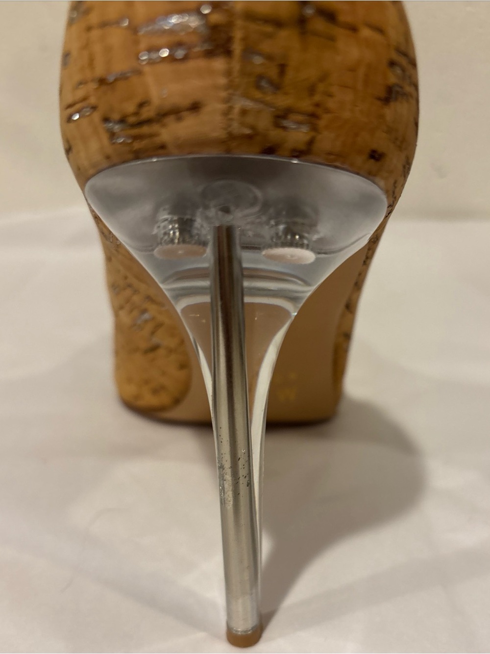 Mix No 6 Forest Cork Pumps Heels Clear Lucite Stilettos Silver Flecks 10M - Picture 7 of 10